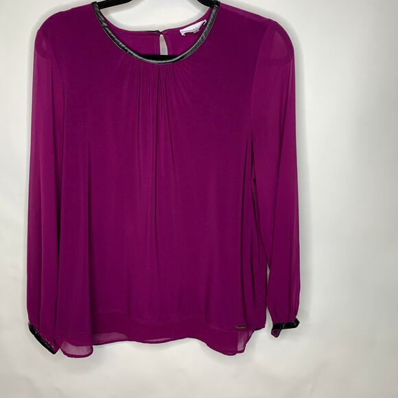 Calvin Klein Purple Blouse Faux Leather Trim Sz Medium - Picture 1 of 6